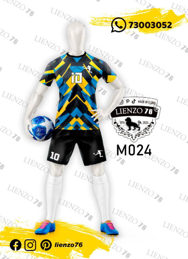 Polera de fútbol sublimada diseño azul amarillo negro